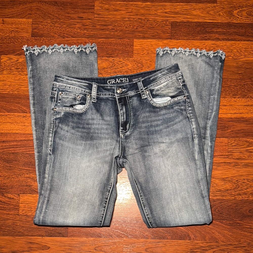 Grace Blue Straight Leg Jeans with Distressed Finish